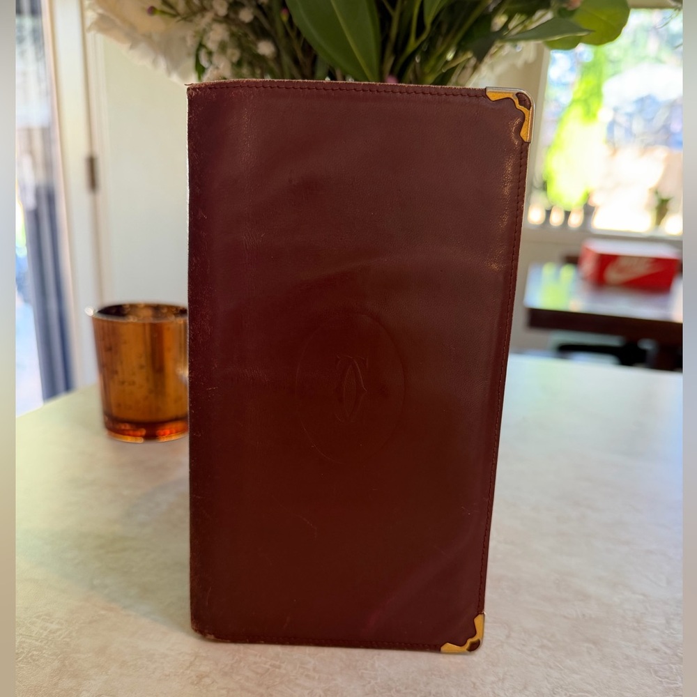 Vintage Cartier Burgundy Leather Travel Wallet with Gold Corner Hardware